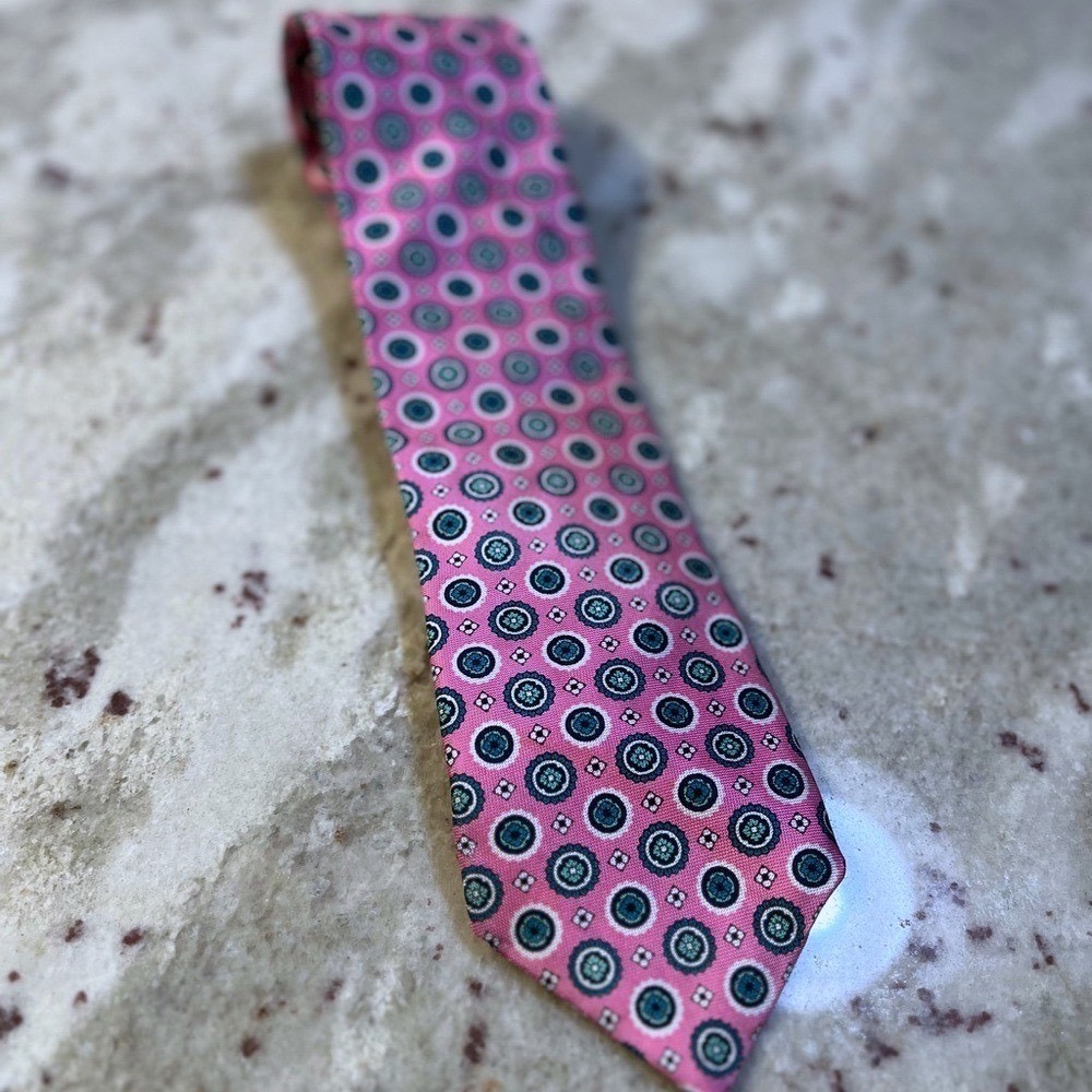Cremieux Mens‎ Silk Tie Pink Teal Blue Geometric Medallion Handmade USA Necktie